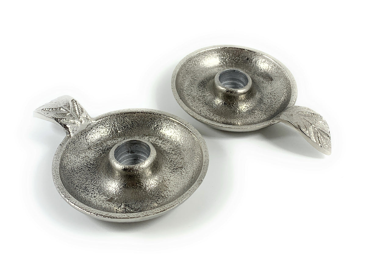 Vibhsa Silver Taper Candlestick Holder Dish | Set of 2, Leaf Handle, Rustic Aluminum | home Decor | Wiccan Center