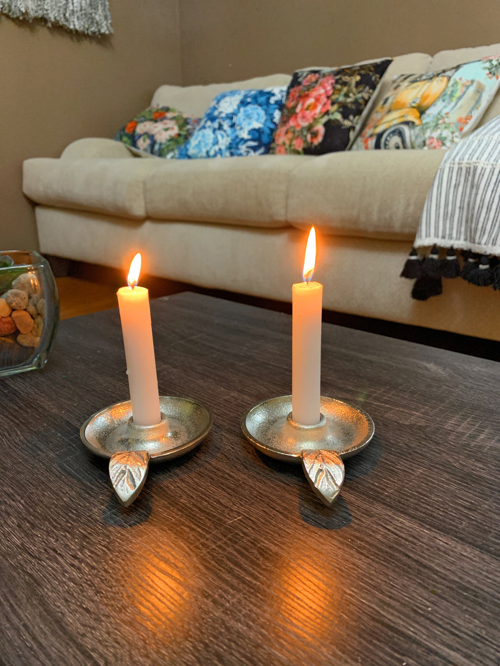 Vibhsa Silver Taper Candlestick Holder Dish | Set of 2, Leaf Handle, Rustic Aluminum | home Decor | Wiccan Center