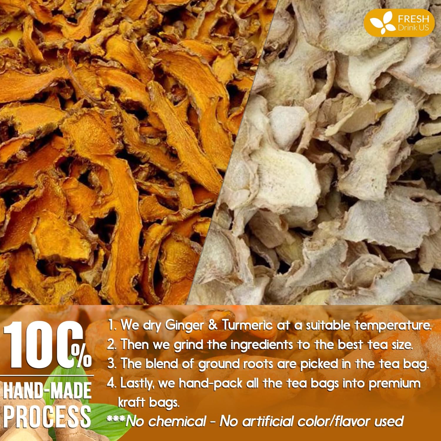 Premium Ginger Turmeric Tea Bags, Hand-made Blend of Ginger and Turmeric Herbal Tea, Eco-conscious Tea Bags. No Sugar, No Caffeine, No Gluten, Vegan. | Tea | Wiccan Center