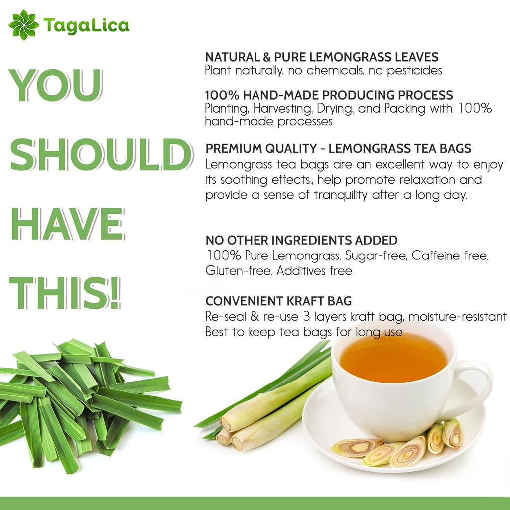 Lemongrass Tea Bags, 100% Natural & Pure Lemongrass leaves, Eco-Conscious Tea Bags, Lemongrass Herbal Tea. Lemongrass Leaf Tea. No Sugar, No Caffeine, No Gluten, Vegan. | Tea | Wiccan Center