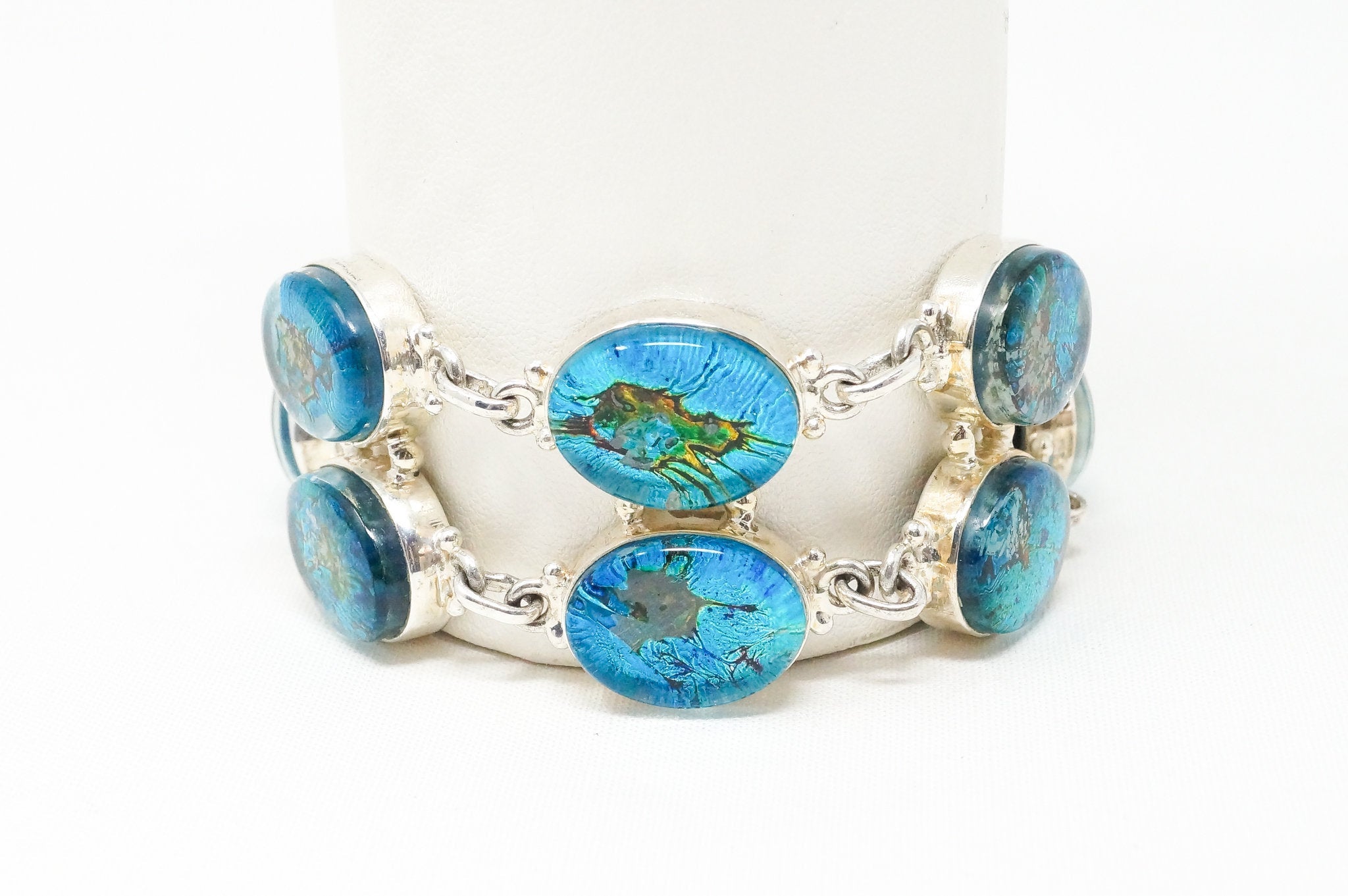 Vintage Large Blue Green Glass Stone Modernist Sterling Silver Cuff Bracelet | Jewelry > Bracelets | Wiccan Center