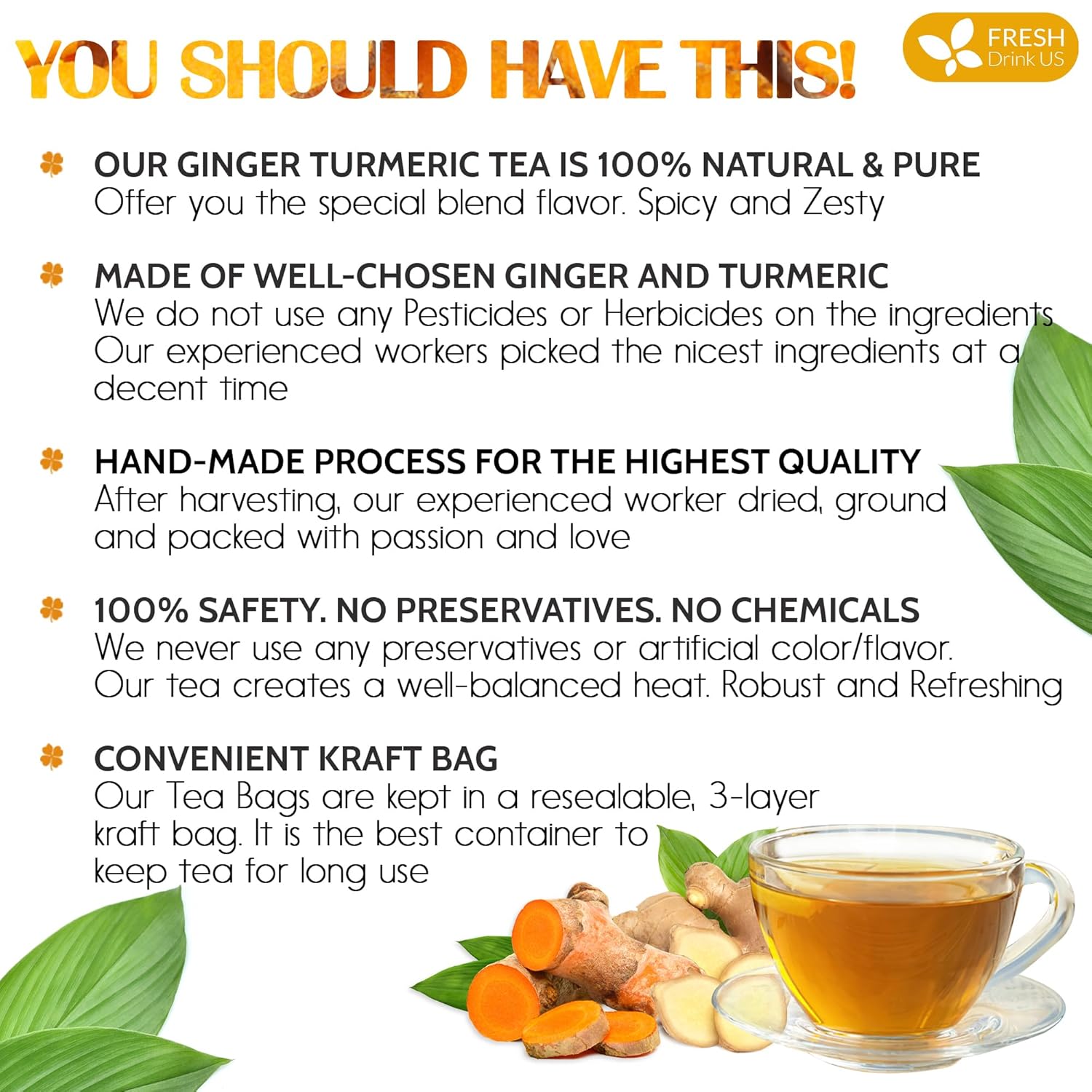 Premium Ginger Turmeric Tea Bags, Hand-made Blend of Ginger and Turmeric Herbal Tea, Eco-conscious Tea Bags. No Sugar, No Caffeine, No Gluten, Vegan. | Tea | Wiccan Center