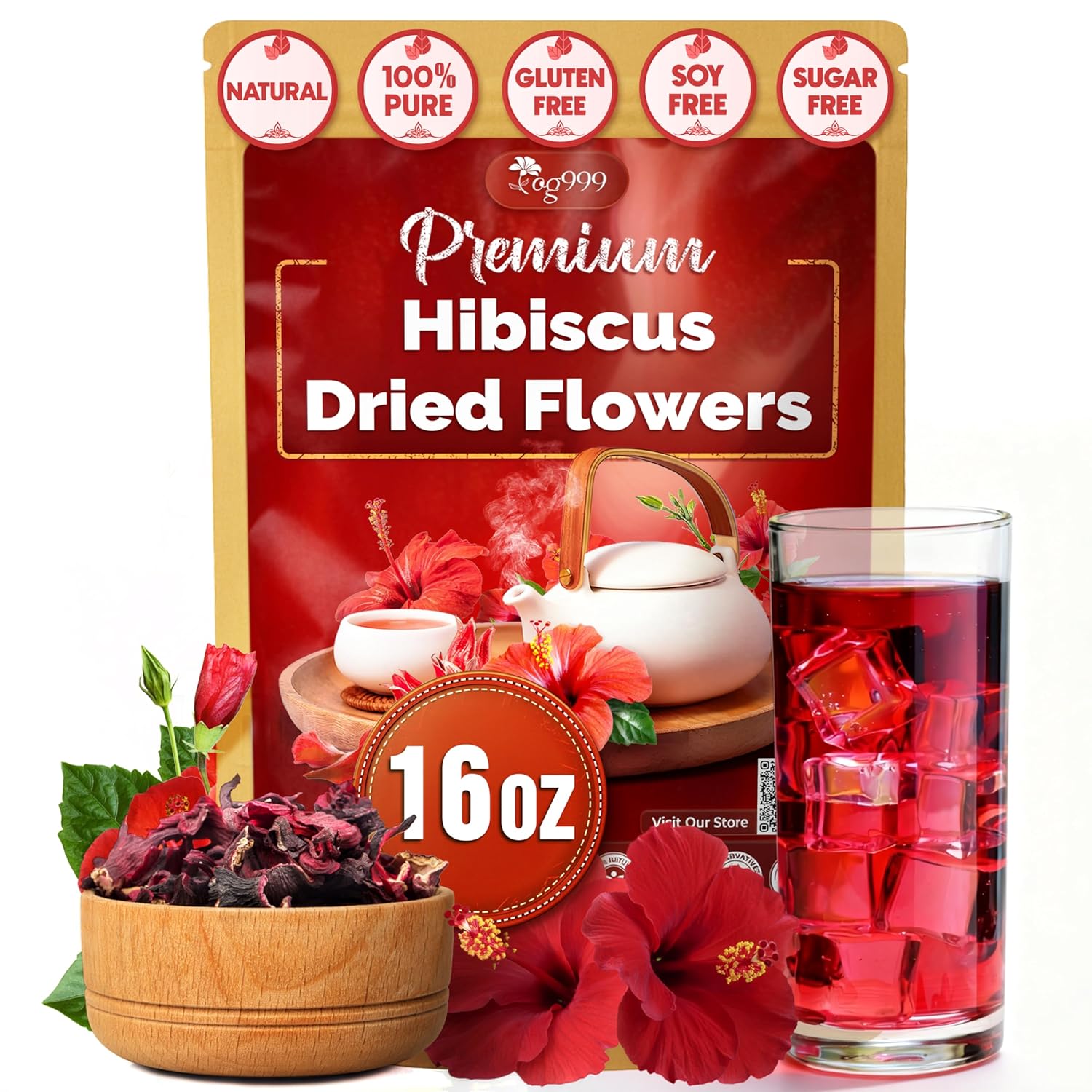 Hibiscus Dried Flowers, Tea Bags, 100% Natural, Pure from Hibiscus Flowers. Loose Flower Hibiscus Herbal Tea. Hibiscus Flower Tea. No Sugar, No Caffeine, No Gluten, Vegan. | Tea | Wiccan Center
