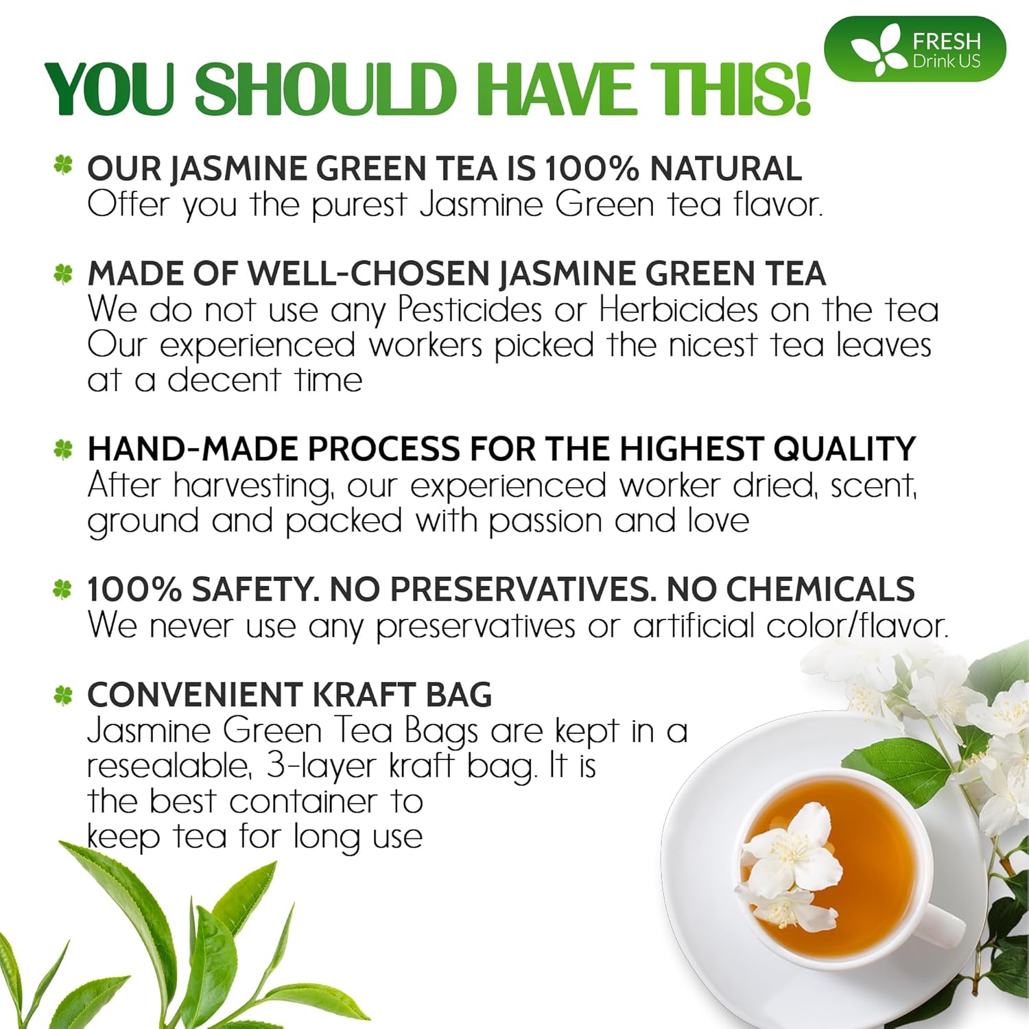 Premium Jasmine Green Tea Bags. Jasmine Green Herbal Tea. Made with Natural Material Tea Bags. No Sugar, No Gluten, Vegan. | Tea | Wiccan Center