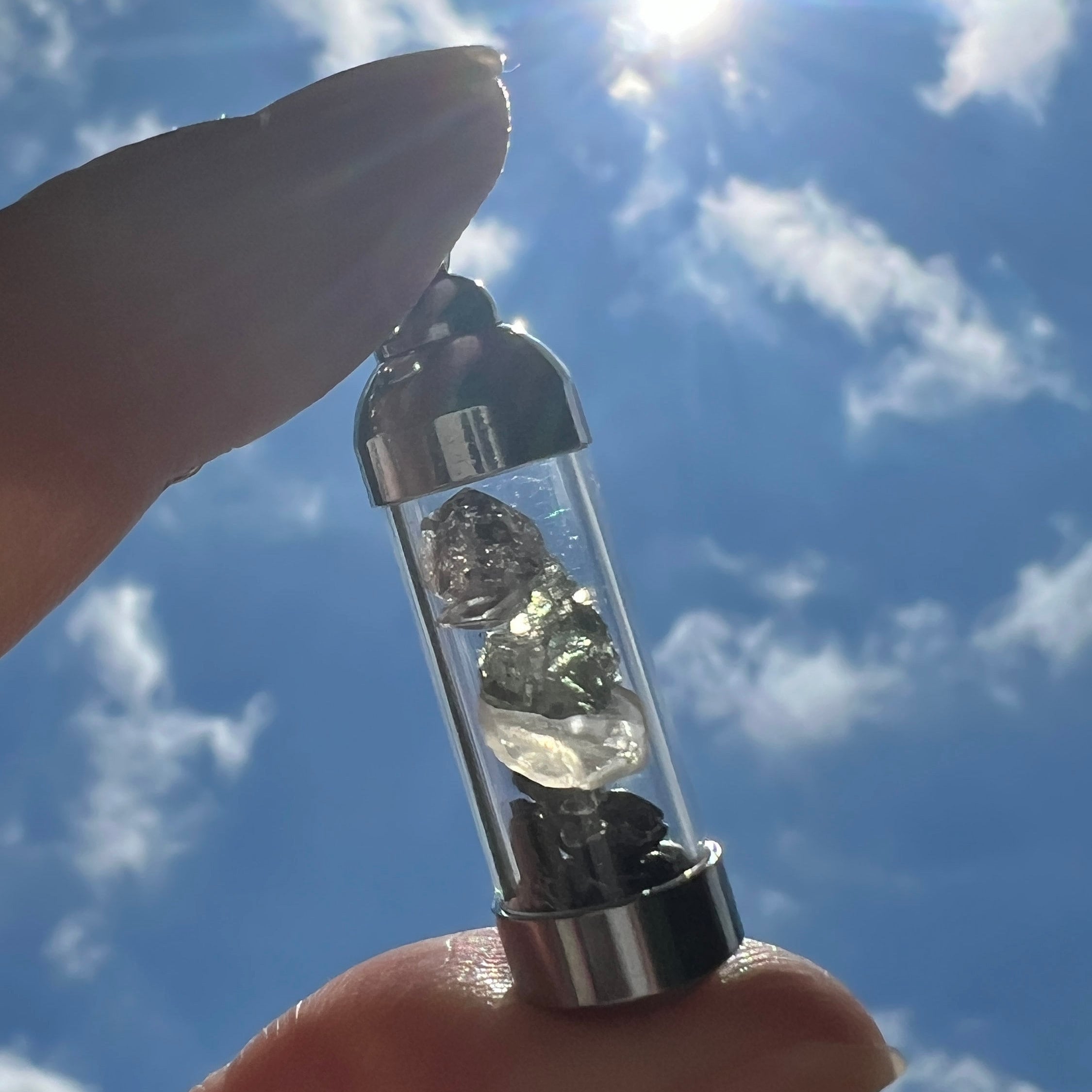 Moldavite Herkimer Diamond Meteroite Libyan Desert Glass Pendant | Iron Campo del Cielo Raw Tektite Jewelry Vial Necklace | Transformation | | Wiccan Center