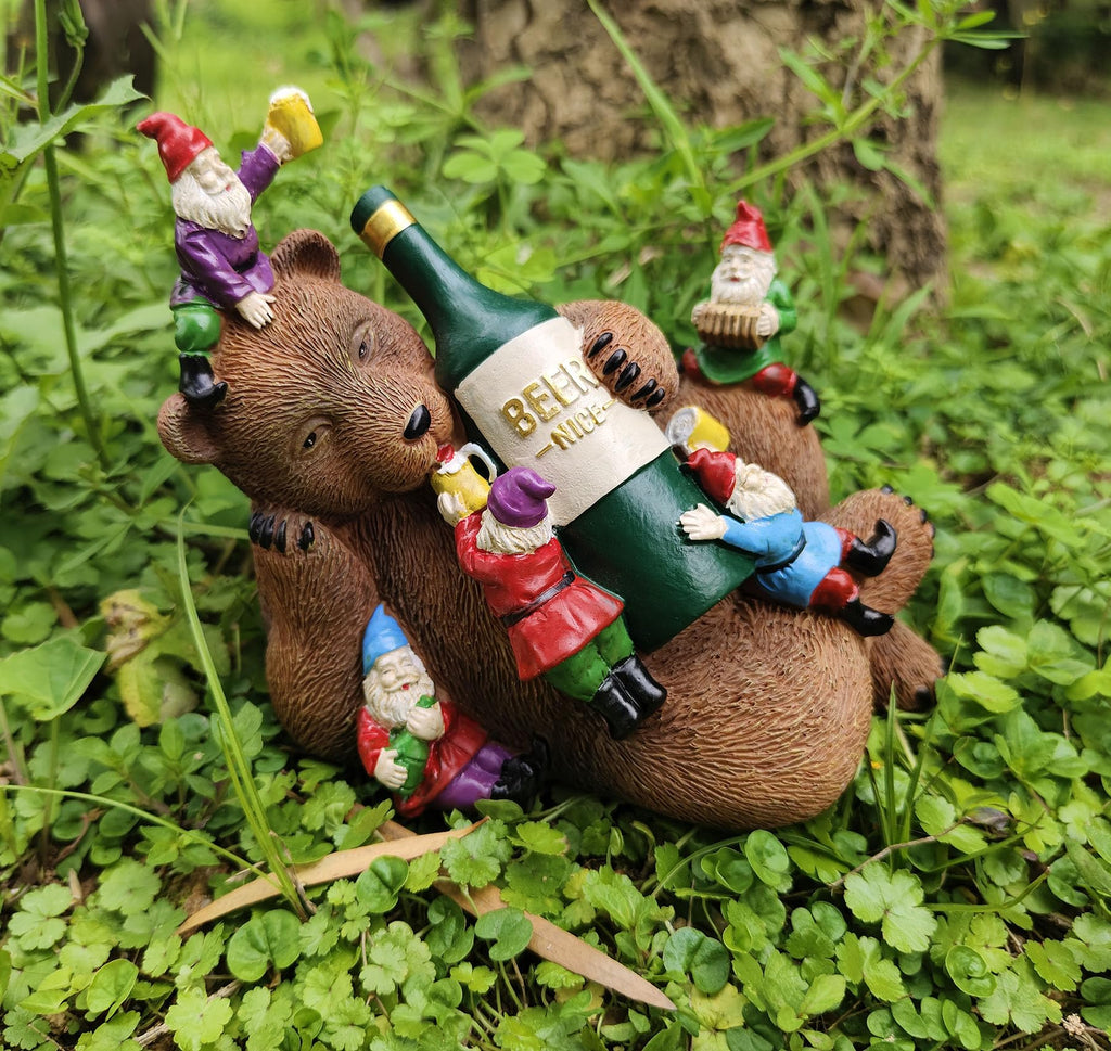 Garden Bear and Gnomes Statue Yard Lawn Home Decor | Home & Garden > Yard, Garden & Outdoor Living > Décor > Ornaments & Statues | Wiccan Center