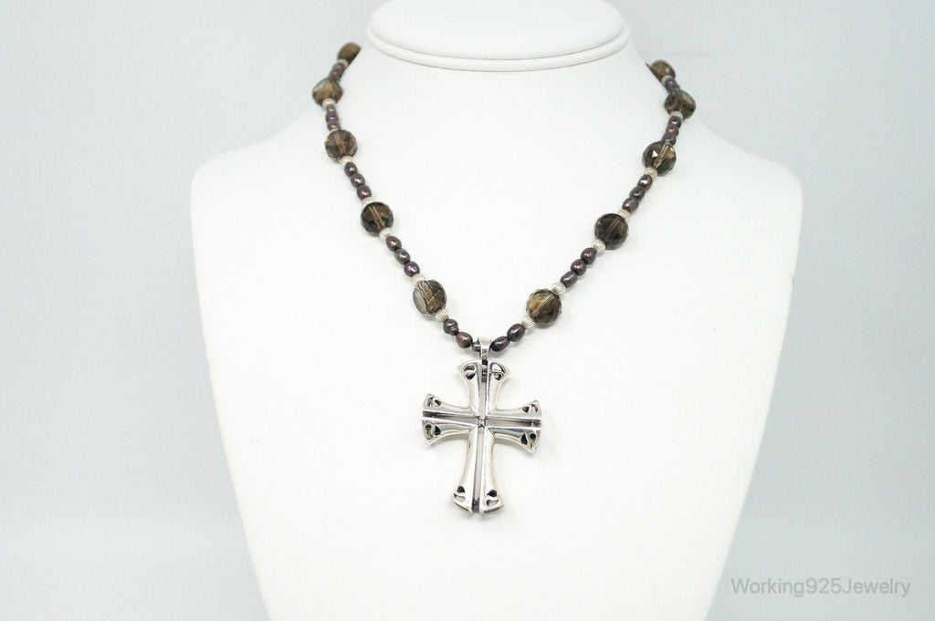 Designer Large Cross Smoky Topaz Pearl Sterling Silver Necklace | Jewelry > Necklaces > Pendants | Wiccan Center
