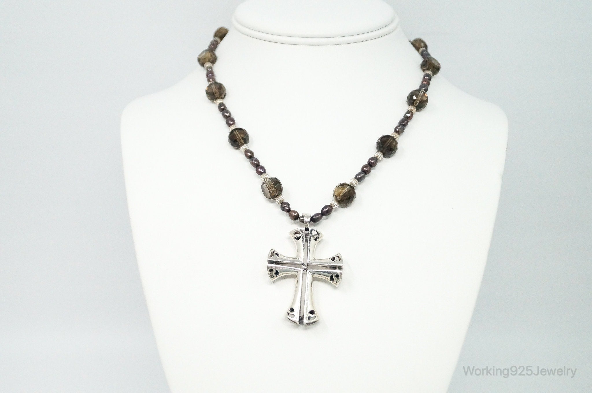 Designer Large Cross Smoky Topaz Pearl Sterling Silver Necklace | Jewelry > Necklaces > Pendants | Wiccan Center