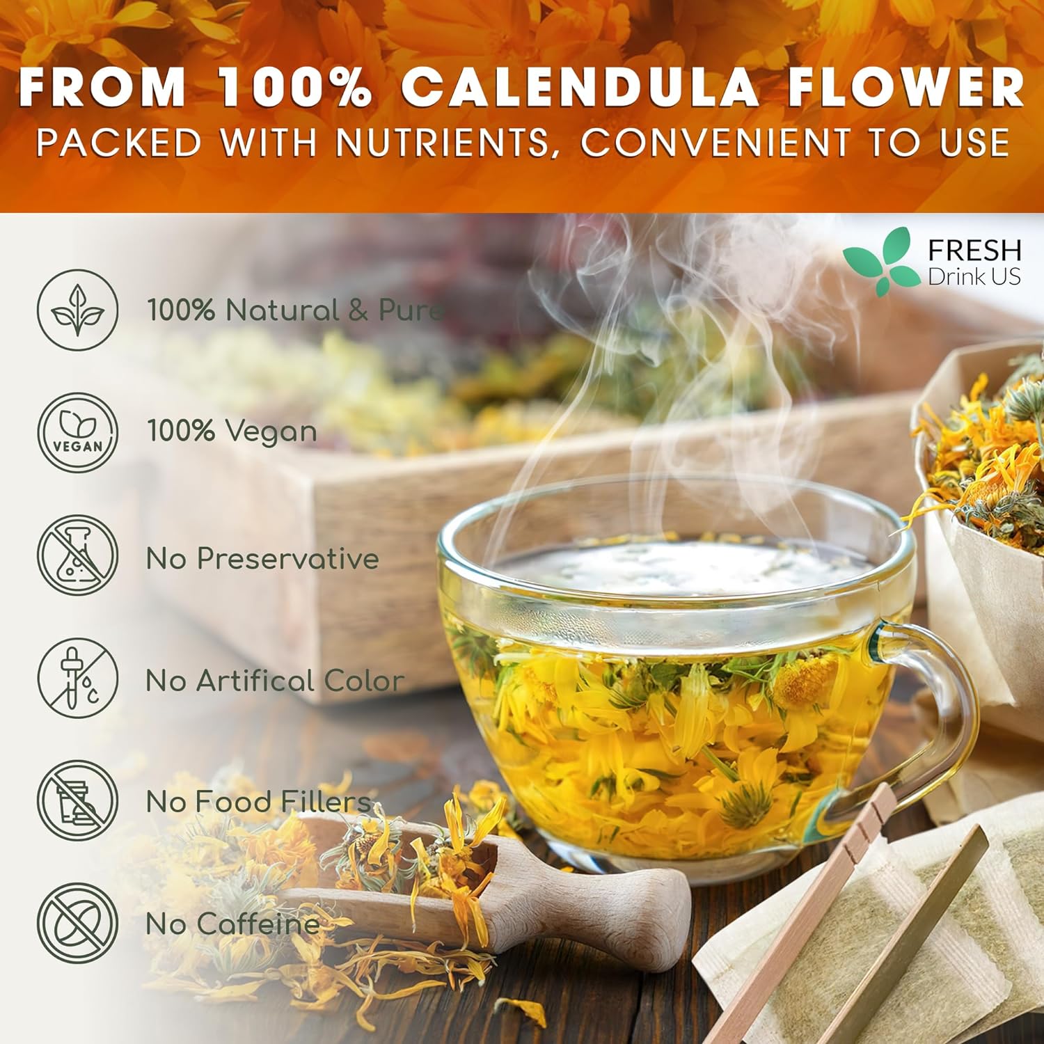 Calendula Tea Bags, 100% Natural and Pure Calendula Flowers, Eco-conscious Tea Bags. Calendula Flower Herbal Tea. No Sugar, No Caffeine, No Gluten, Vegan. | Tea | Wiccan Center