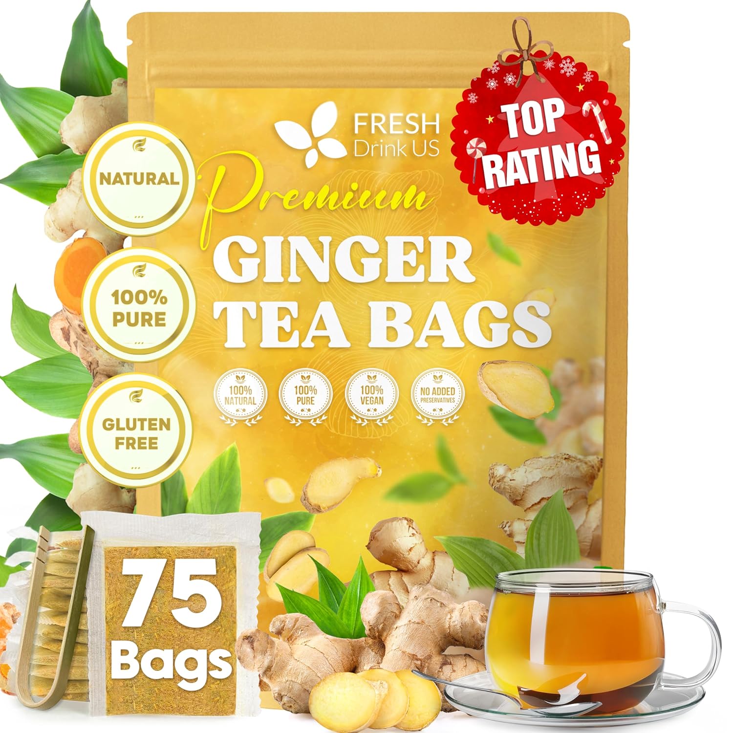 Premium Ginger Tea Bags, 100% Natural & Pure from Ginger Roots, Ginger Tea, Ginger Herbal Tea. Ginger Tea. No Sugar, No Caffeine, No Gluten, Vegan. | Tea | Wiccan Center