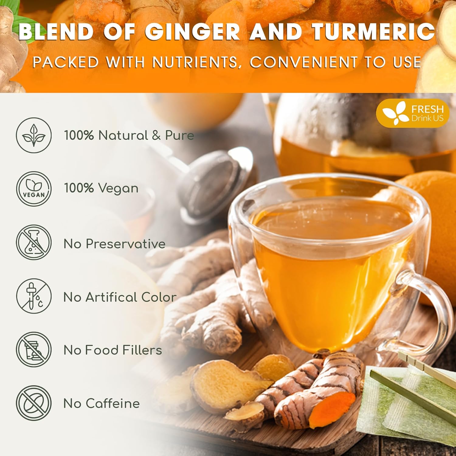 Premium Ginger Turmeric Tea Bags, Hand-made Blend of Ginger and Turmeric Herbal Tea, Eco-conscious Tea Bags. No Sugar, No Caffeine, No Gluten, Vegan. | Tea | Wiccan Center