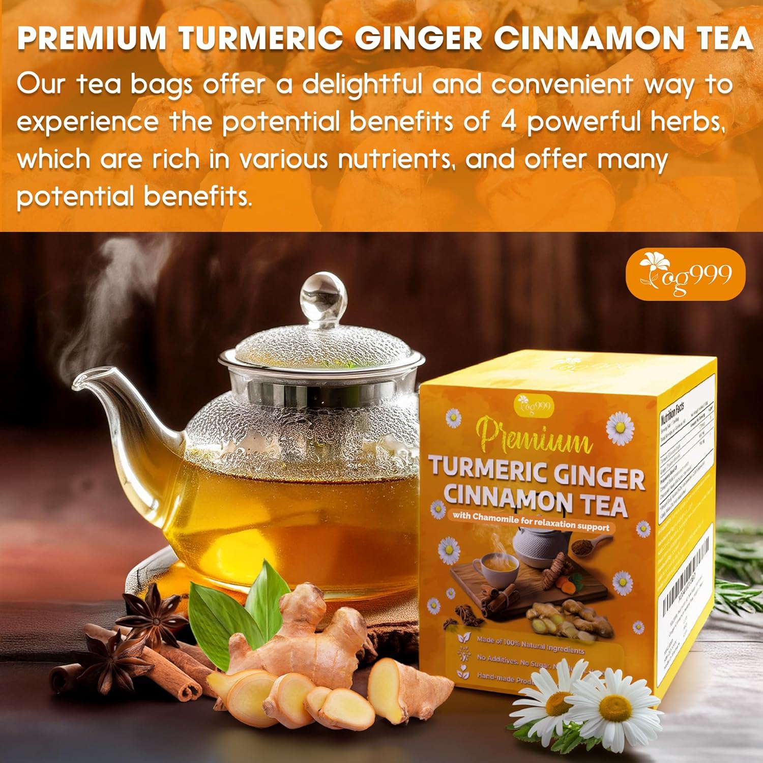 Premium Turmeric, Ginger, Cinnamon & Chamomile Flowers Tea | Improve Digestion, Support Brain, Weight, Skin and Sleep, Eco-Conscious Tea Bags | Tea | Wiccan Center