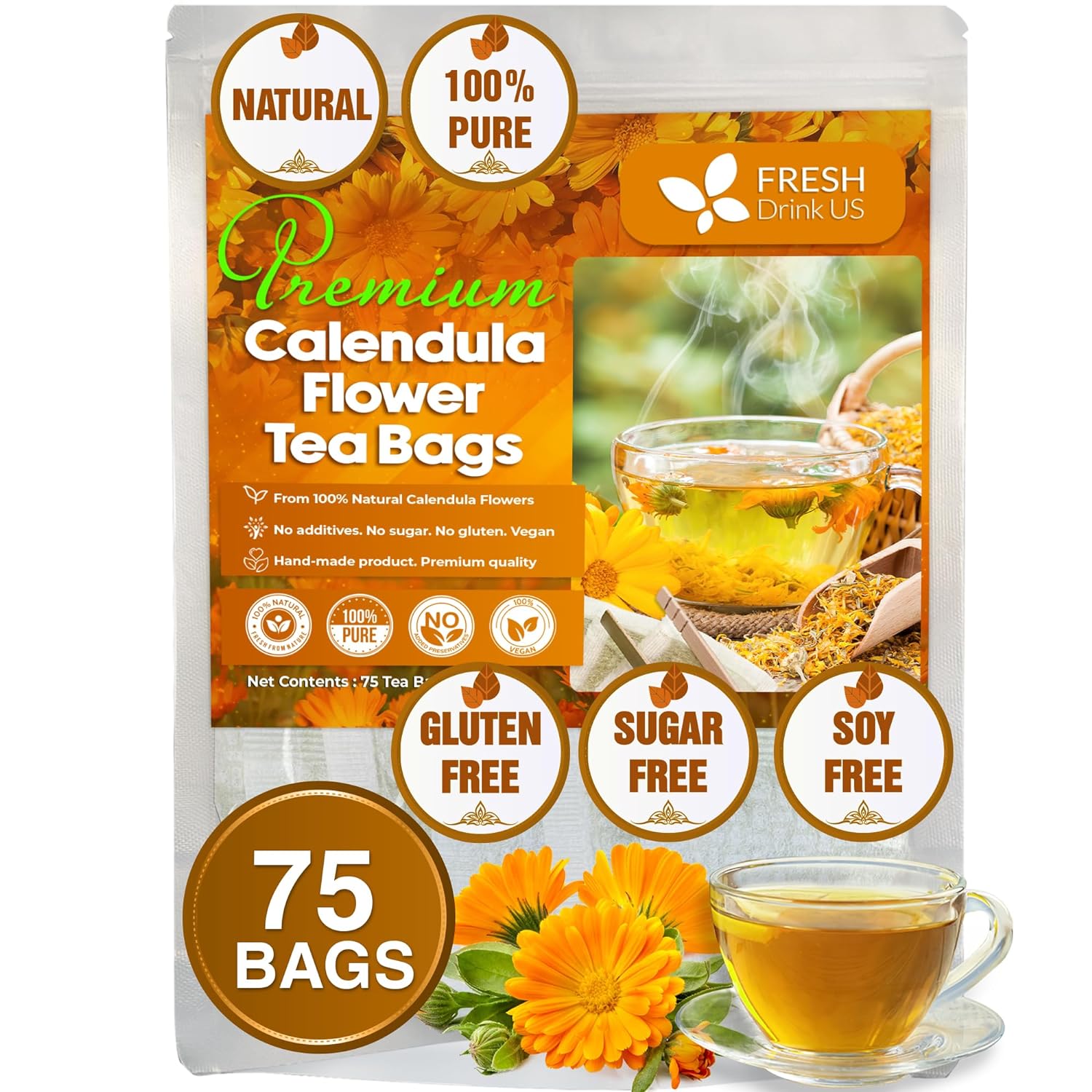 Calendula Tea Bags, 100% Natural and Pure Calendula Flowers, Eco-conscious Tea Bags. Calendula Flower Herbal Tea. No Sugar, No Caffeine, No Gluten, Vegan. | Tea | Wiccan Center