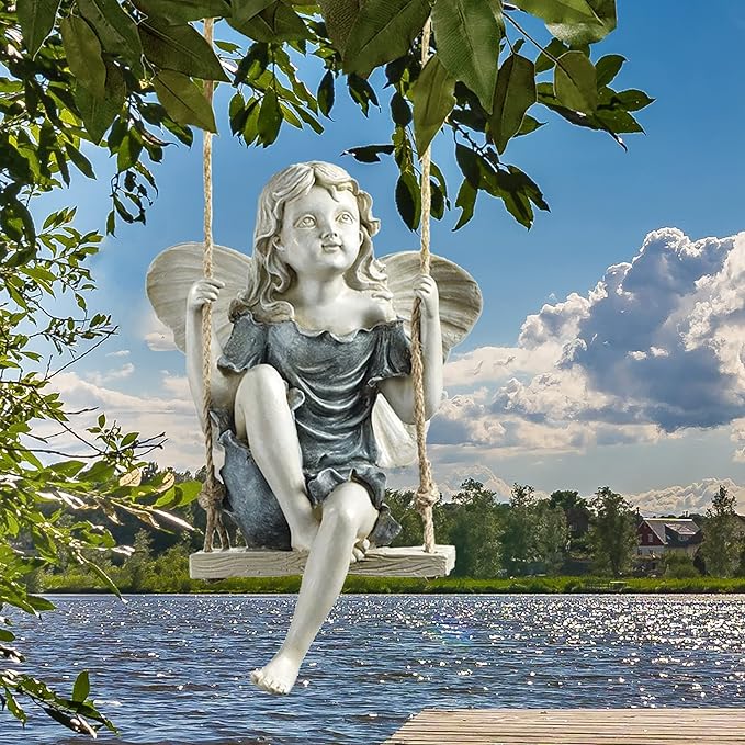 Design Toscano EU42046 Summertime Fairy on a Swing Hanging Statue, 11 Inch, Polyresin, Two Tone Stone | Outdoor Statues | Wiccan Center