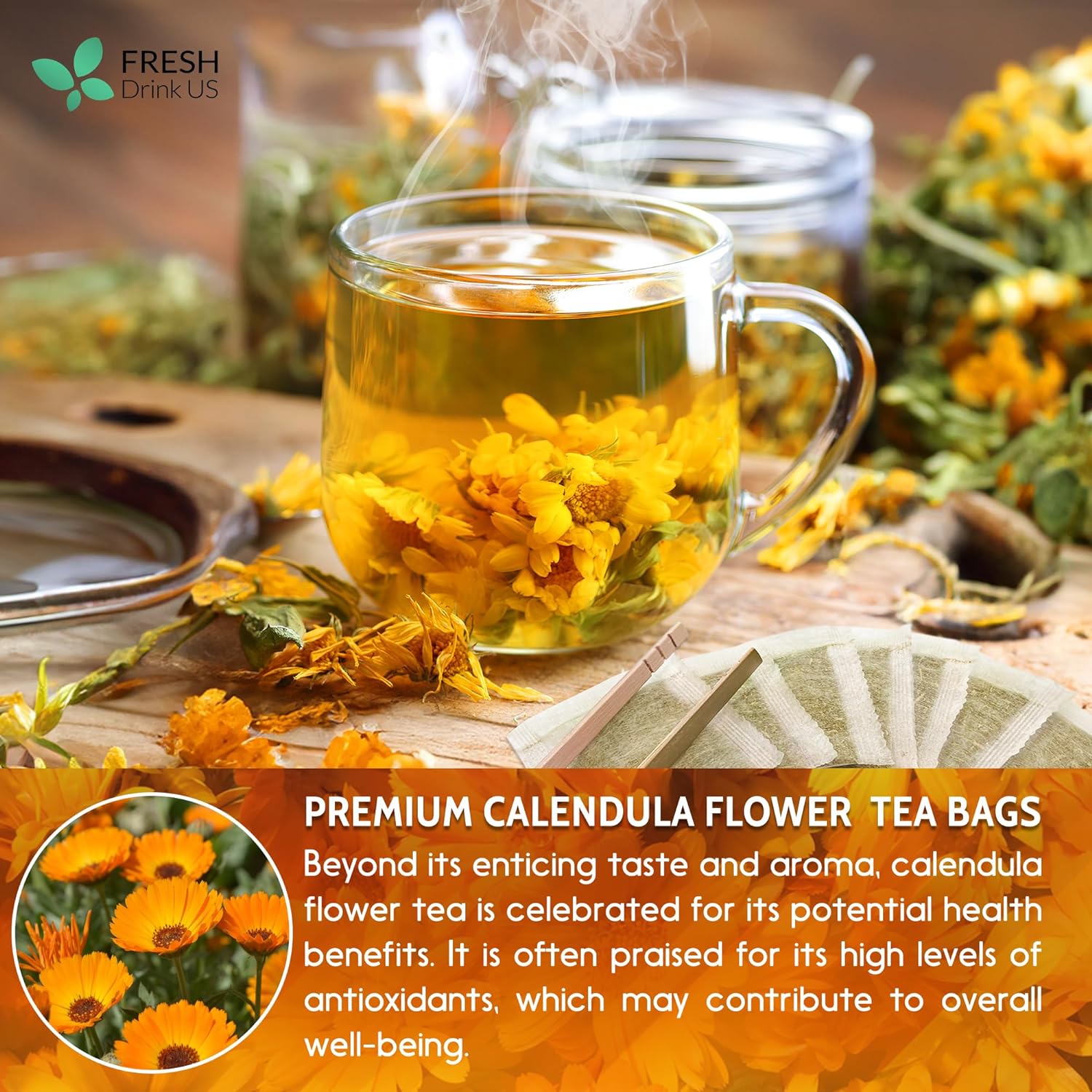 Calendula Tea Bags, 100% Natural and Pure Calendula Flowers, Eco-conscious Tea Bags. Calendula Flower Herbal Tea. No Sugar, No Caffeine, No Gluten, Vegan. | Tea | Wiccan Center
