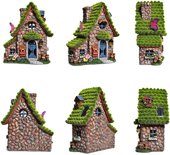 ASAWASA Resin Fairy House Statues with Solar Powered Lights, Funny Garden Sculptures with Flocked and Cobblestone Decor, Exquisite Garden Cottage Figurines | Figurine Lights | Wiccan Center