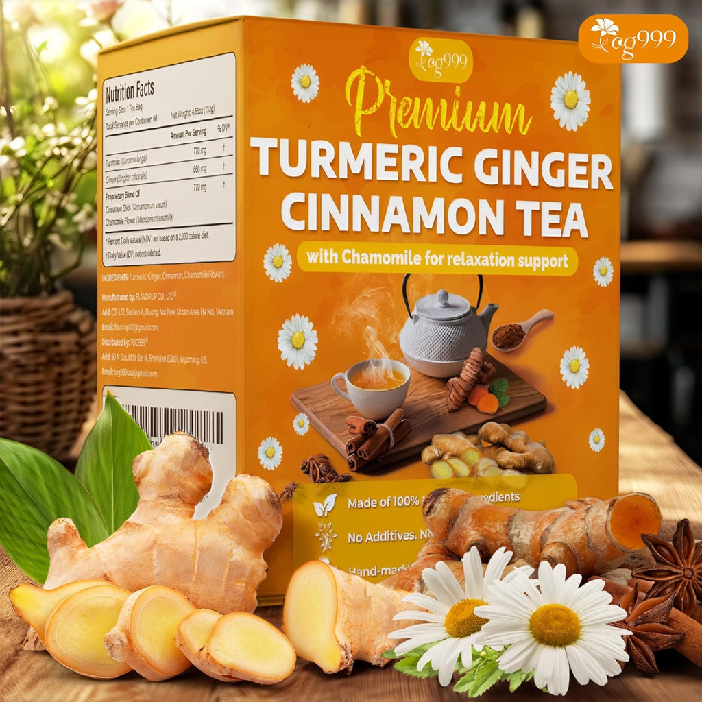 Premium Turmeric, Ginger, Cinnamon & Chamomile Flowers Tea | Improve Digestion, Support Brain, Weight, Skin and Sleep, Eco-Conscious Tea Bags | Tea | Wiccan Center