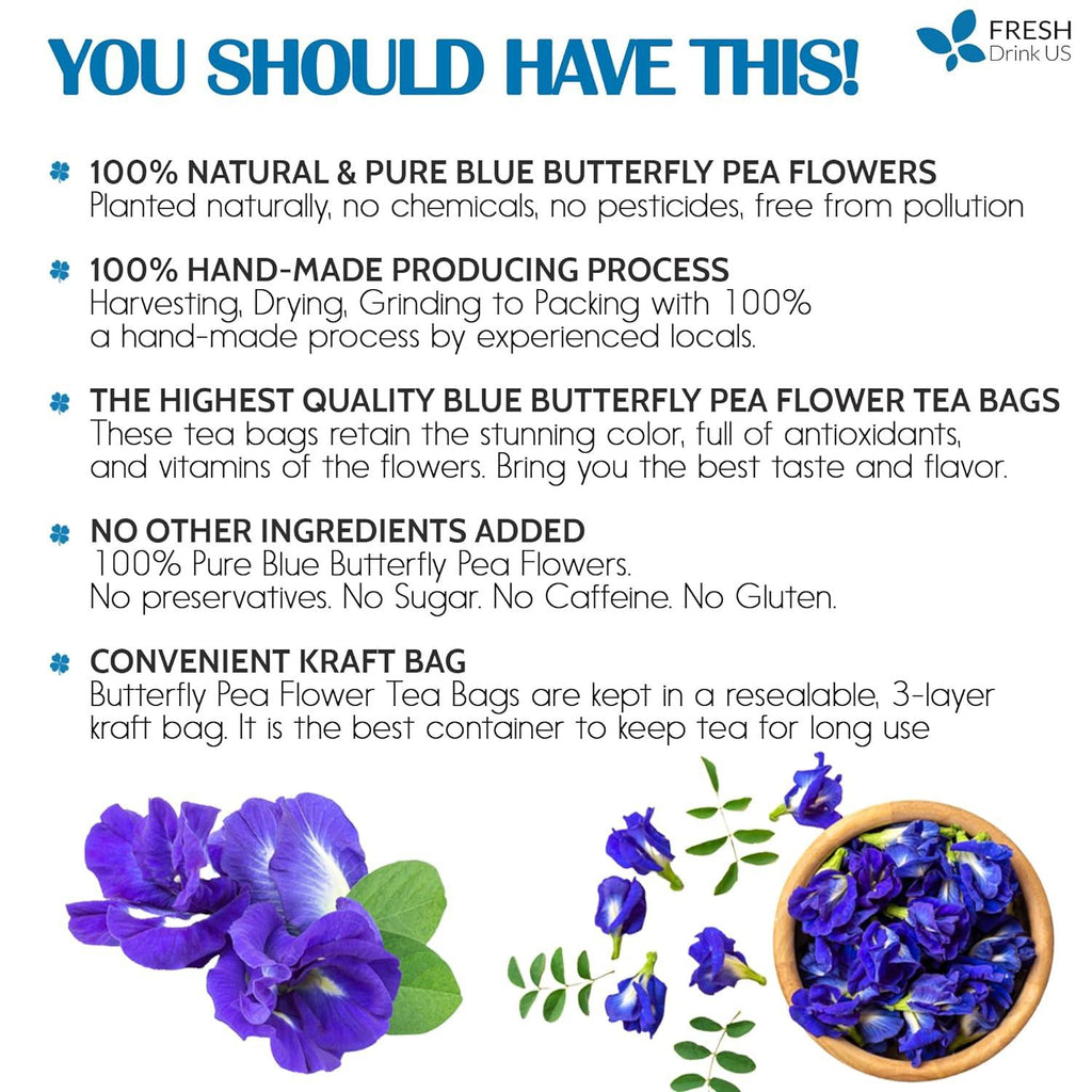 Premium Butterfly Pea Flowers, Tea Bags, 100% Natural and Pure from Butterfly Pea Flowers, Hand-made, Made With Natural Materials-Corn Fiber Tea Bag, Sugar/Caffeine/Gluten Free | Tea | Wiccan Center