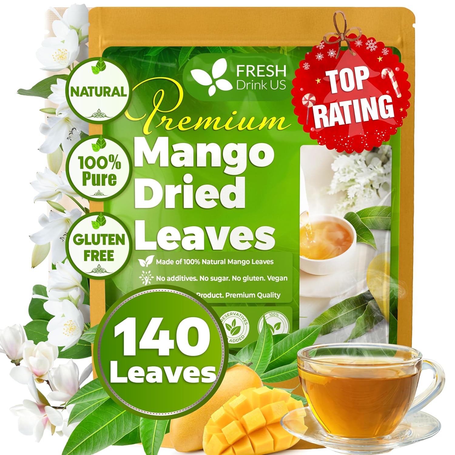 Mango Leaf, Whole Dried Leaves, Tea Bags, Powder, 100% Natural & Pure from Mango Leaves. Mango Dried Leaves. Loose Leaf Mango Herbal Tea. Mango Leaf Tea. No Sugar, No Caffeine, No Gluten, Vegan. | Tea | Wiccan Center