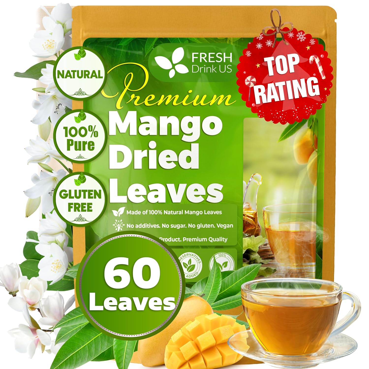 Mango Leaf, Whole Dried Leaves, Tea Bags, Powder, 100% Natural & Pure from Mango Leaves. Mango Dried Leaves. Loose Leaf Mango Herbal Tea. Mango Leaf Tea. No Sugar, No Caffeine, No Gluten, Vegan. | Tea | Wiccan Center