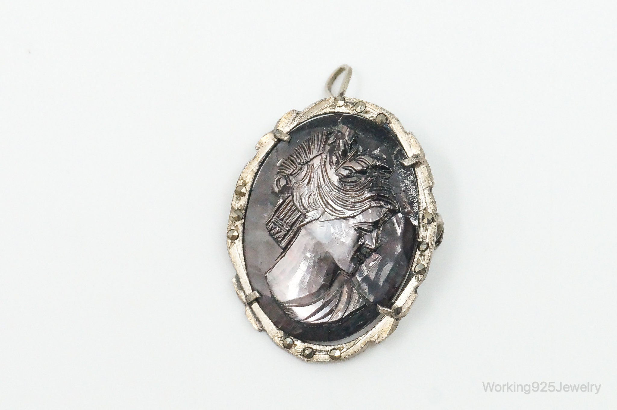 Antique Carved Abalone Shell Marcasite Woman Cameo 800 Silver Pendant Pin | Jewelry > Necklaces > Pendants | Wiccan Center