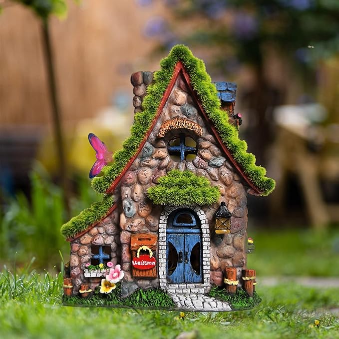 ASAWASA Resin Fairy House Statues with Solar Powered Lights, Funny Garden Sculptures with Flocked and Cobblestone Decor, Exquisite Garden Cottage Figurines | Figurine Lights | Wiccan Center