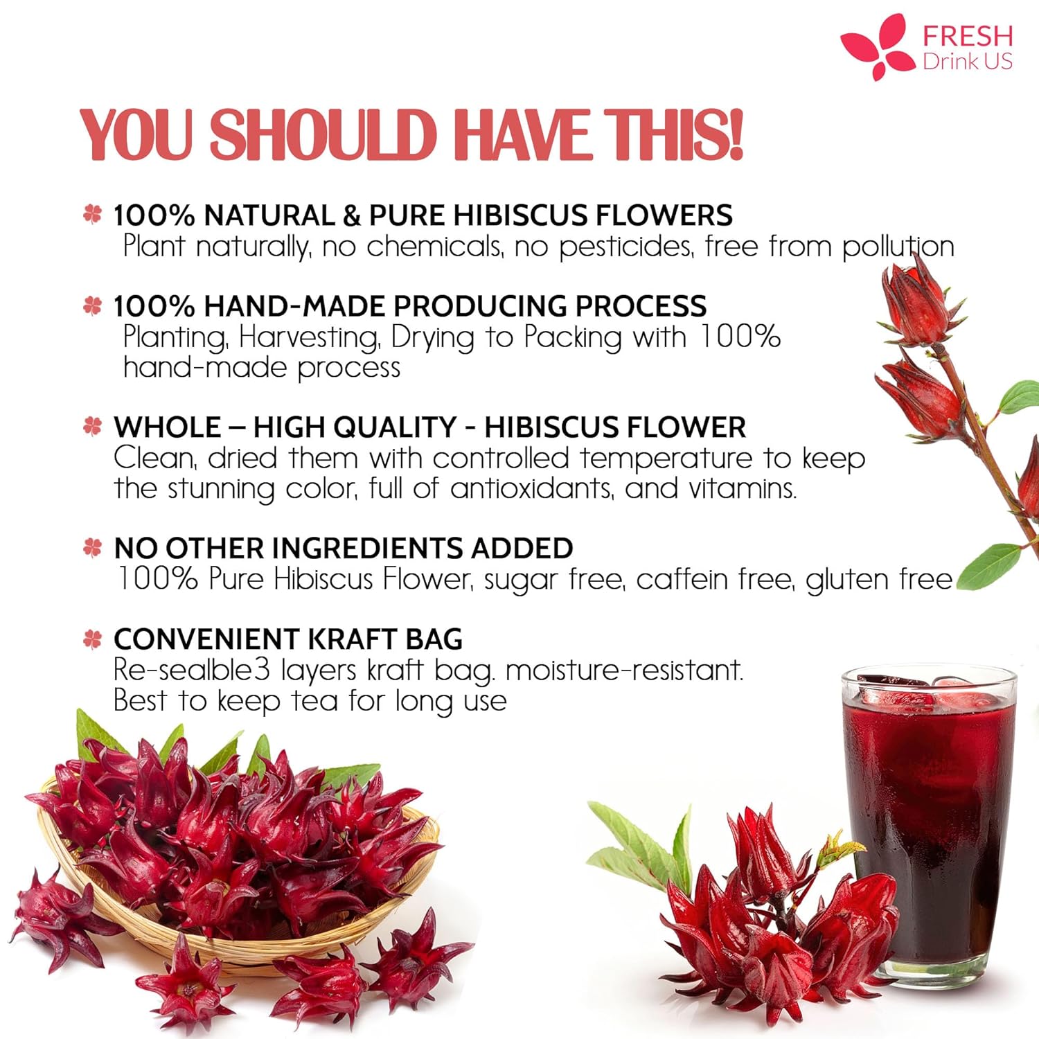 Hibiscus Dried Flowers, Tea Bags, 100% Natural, Pure from Hibiscus Flowers. Loose Flower Hibiscus Herbal Tea. Hibiscus Flower Tea. No Sugar, No Caffeine, No Gluten, Vegan. | Tea | Wiccan Center