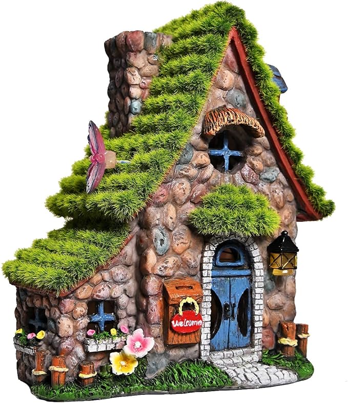 ASAWASA Resin Fairy House Statues with Solar Powered Lights, Funny Garden Sculptures with Flocked and Cobblestone Decor, Exquisite Garden Cottage Figurines | Figurine Lights | Wiccan Center