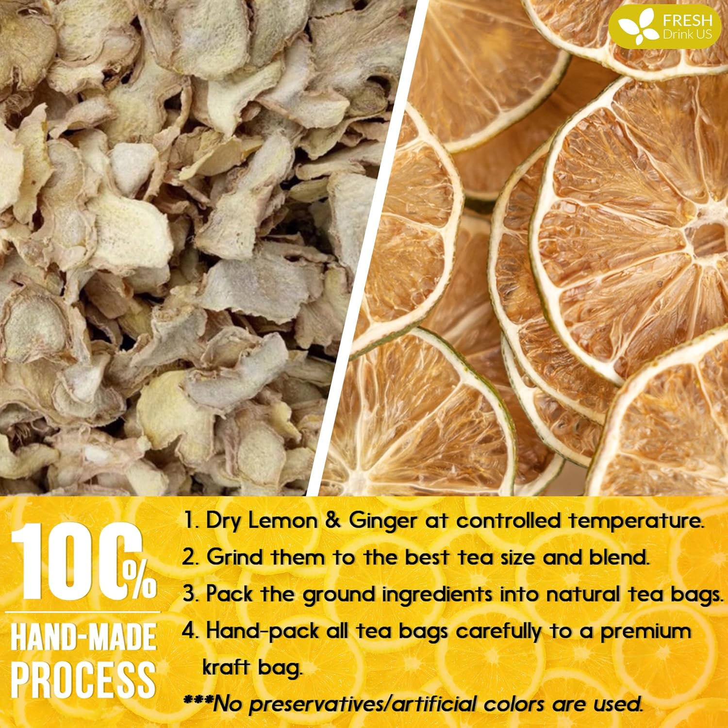 Premium Lemon Ginger Tea Bag, Eco-conscious Tea Bags. Lemon Ginger Herbal Tea. No Sugar, No Caffeine, No Gluten, Vegan. | Tea | Wiccan Center