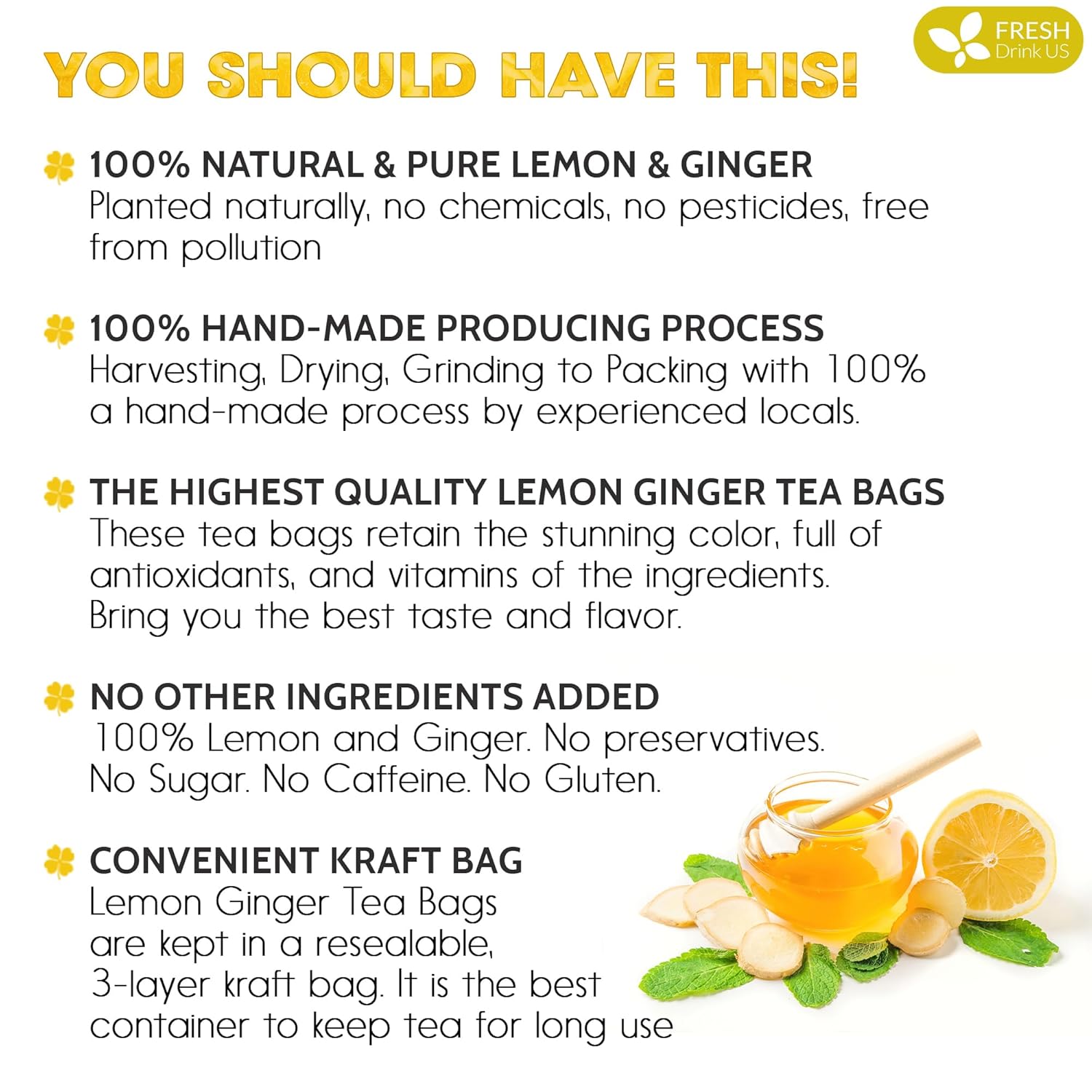 Premium Lemon Ginger Tea Bag, Eco-conscious Tea Bags. Lemon Ginger Herbal Tea. No Sugar, No Caffeine, No Gluten, Vegan. | Tea | Wiccan Center