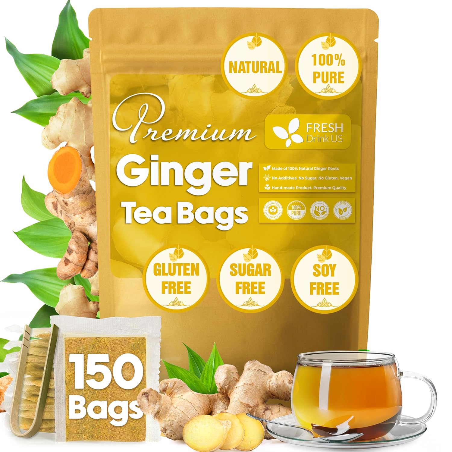 Premium Ginger Tea Bags, 100% Natural & Pure from Ginger Roots, Ginger Tea, Ginger Herbal Tea. Ginger Tea. No Sugar, No Caffeine, No Gluten, Vegan. | Tea | Wiccan Center