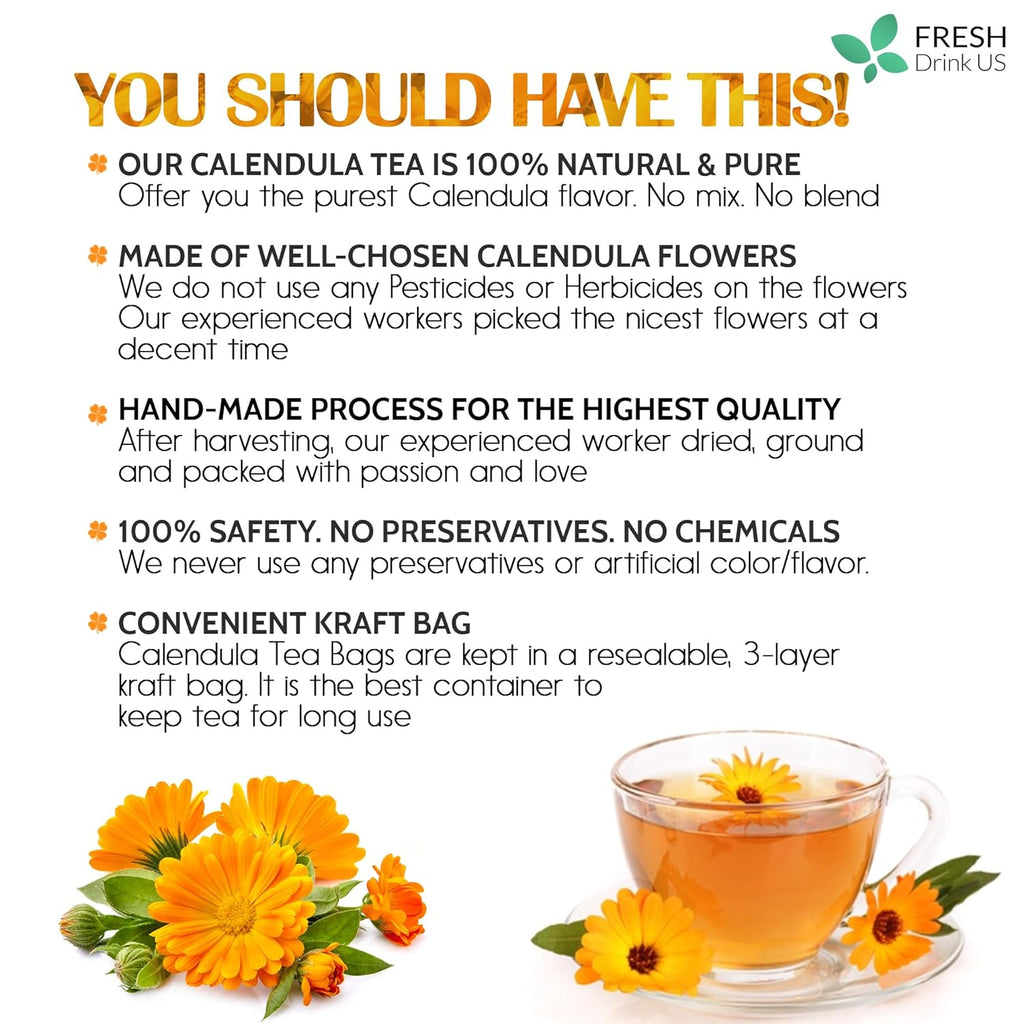 Calendula Tea Bags, 100% Natural and Pure Calendula Flowers, Eco-conscious Tea Bags. Calendula Flower Herbal Tea. No Sugar, No Caffeine, No Gluten, Vegan. | Tea | Wiccan Center