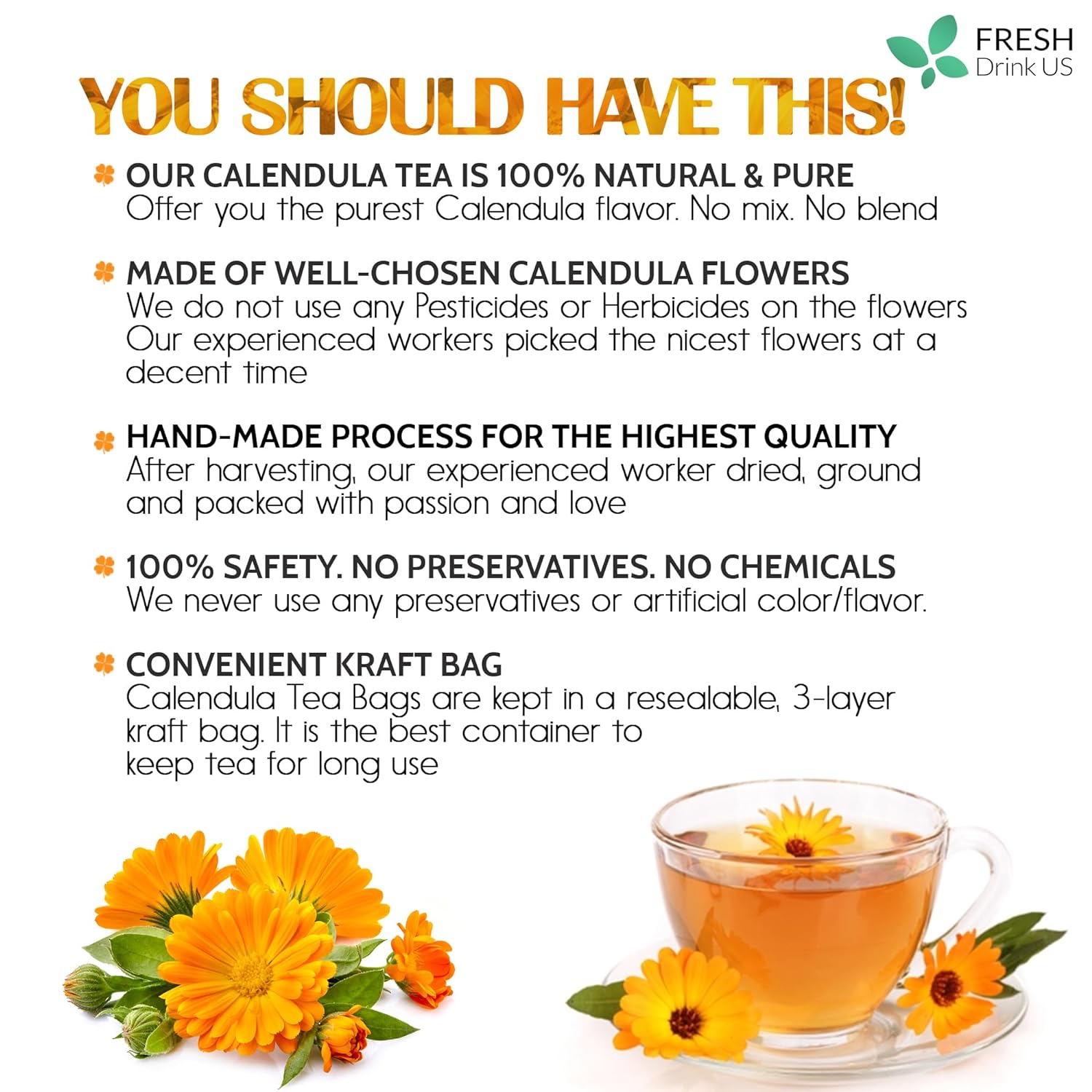 Calendula Tea Bags, 100% Natural and Pure Calendula Flowers, Eco-conscious Tea Bags. Calendula Flower Herbal Tea. No Sugar, No Caffeine, No Gluten, Vegan. | Tea | Wiccan Center