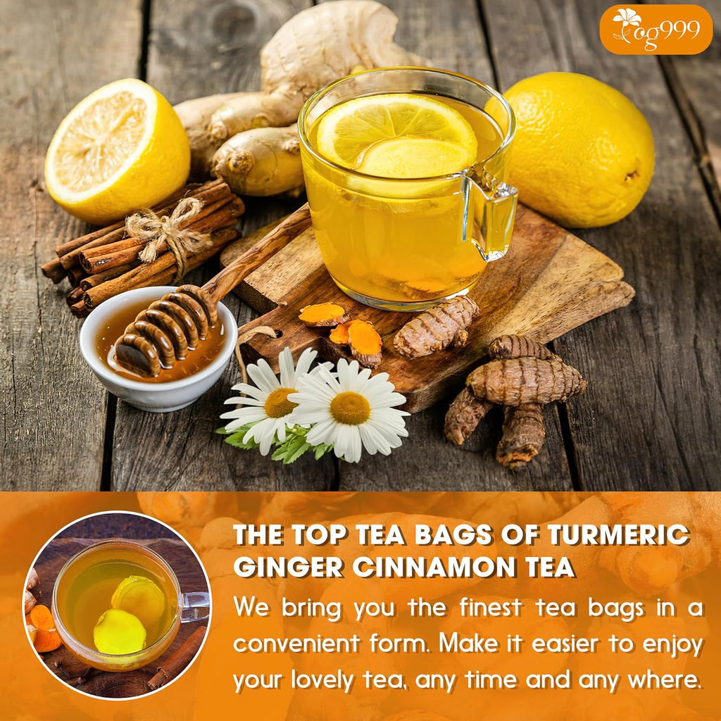 Premium Turmeric, Ginger, Cinnamon & Chamomile Flowers Tea | Improve Digestion, Support Brain, Weight, Skin and Sleep, Eco-Conscious Tea Bags | Tea | Wiccan Center
