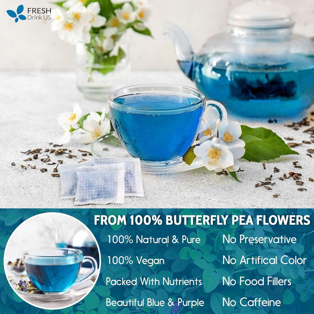Premium Butterfly Pea Flowers, Tea Bags, 100% Natural and Pure from Butterfly Pea Flowers, Hand-made, Made With Natural Materials-Corn Fiber Tea Bag, Sugar/Caffeine/Gluten Free | Tea | Wiccan Center
