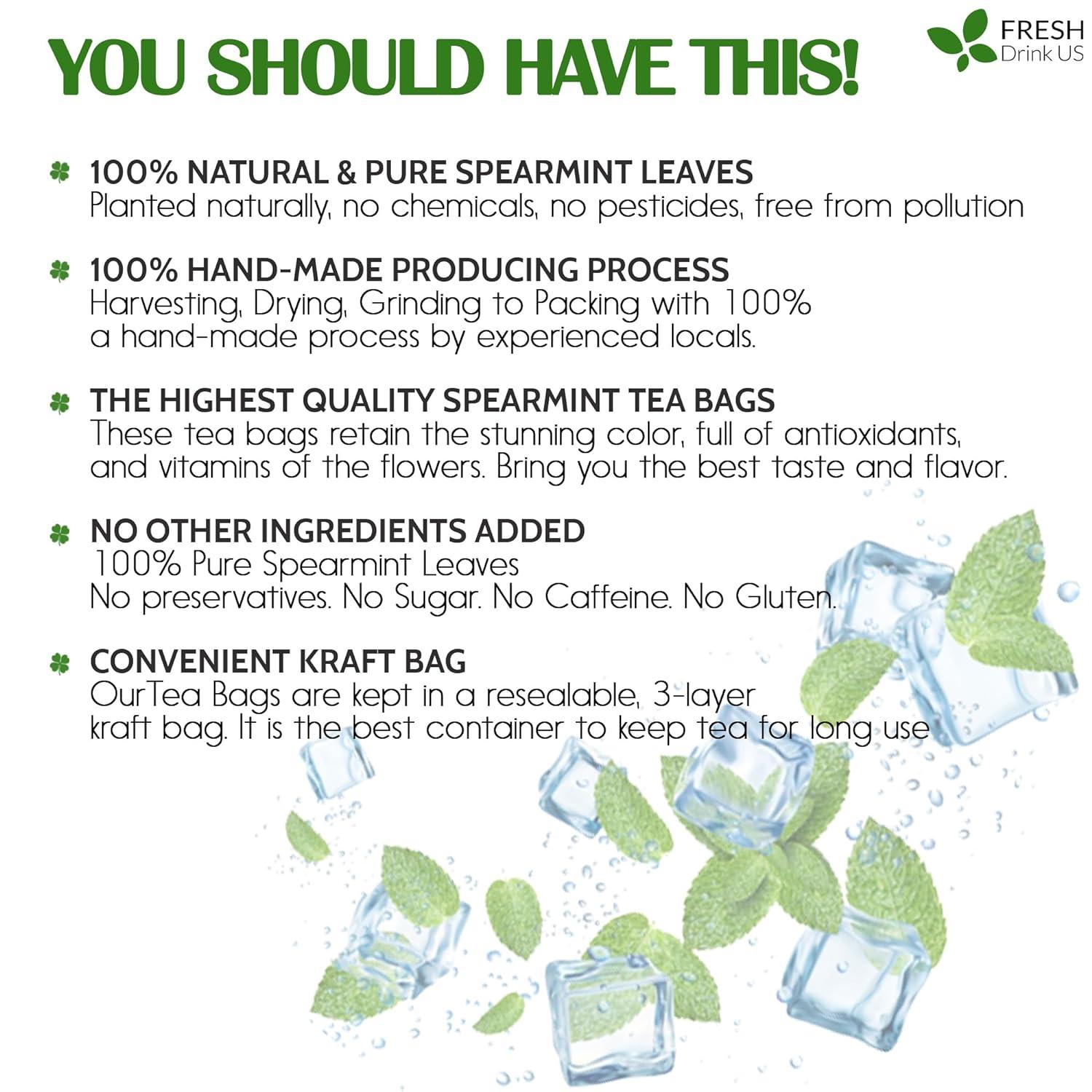 Spearmint Tea Bags, 100% Natural & Pure Spearmint Leaves. Loose Leaf Spearmint Herbal Tea. Spearmint Leaf Tea. No Sugar, No Caffeine, No Gluten, Vegan. | Tea | Wiccan Center