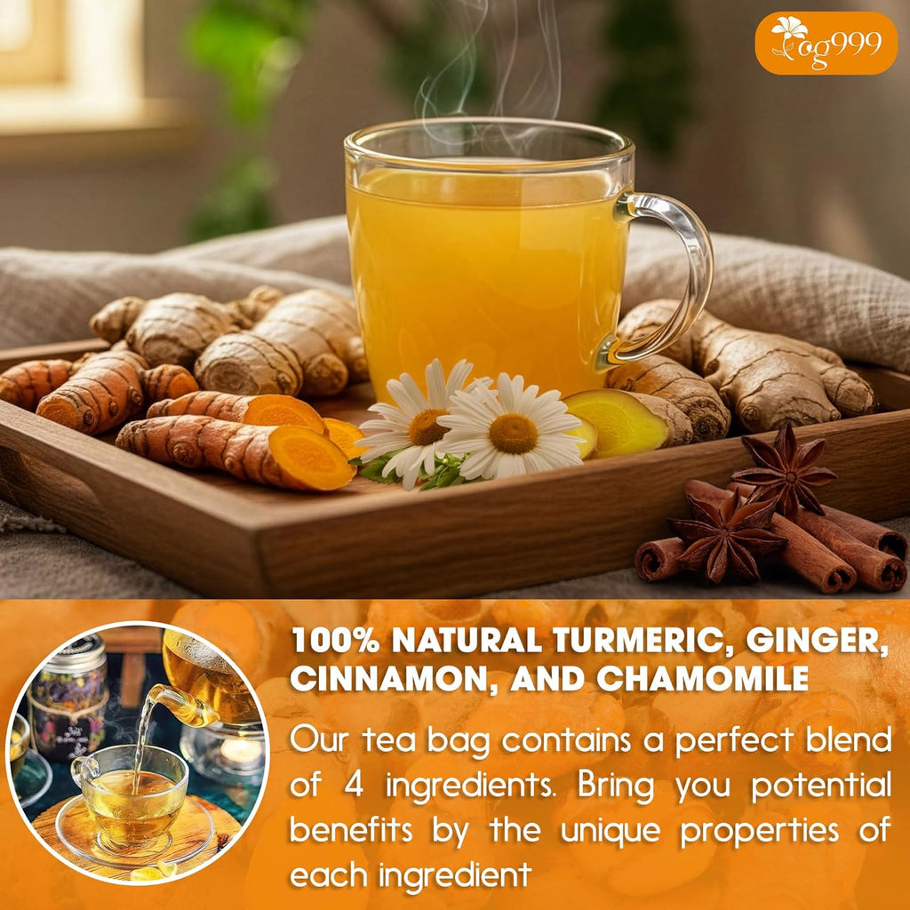 Premium Turmeric, Ginger, Cinnamon & Chamomile Flowers Tea | Improve Digestion, Support Brain, Weight, Skin and Sleep, Eco-Conscious Tea Bags | Tea | Wiccan Center
