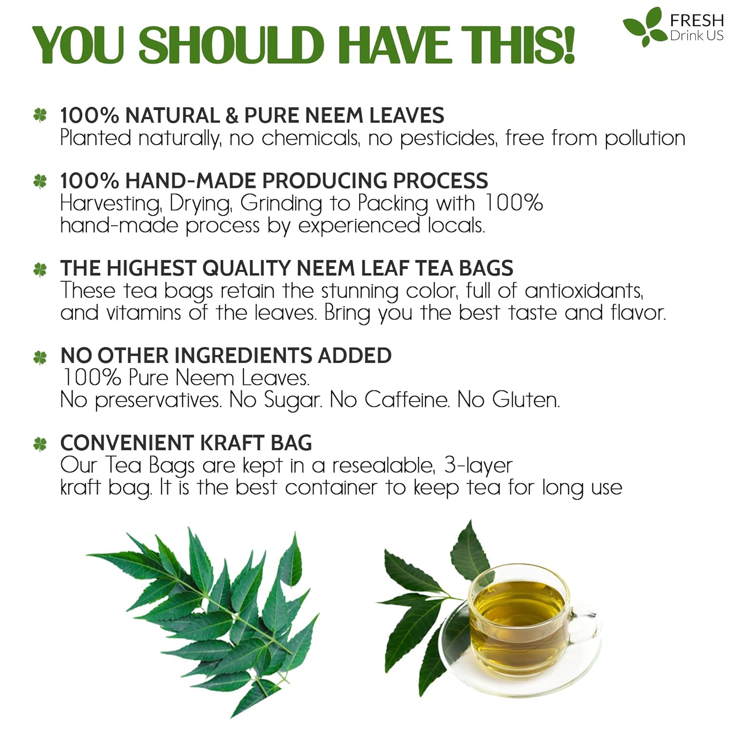 Neem Leaf Tea Bags, 100% Natural and Pure from Neem Leaves. Loose Leaf Neem Herbal Tea. Neem Leaf Tea. No Sugar, No Caffeine, No Gluten, Vegan. | Tea | Wiccan Center