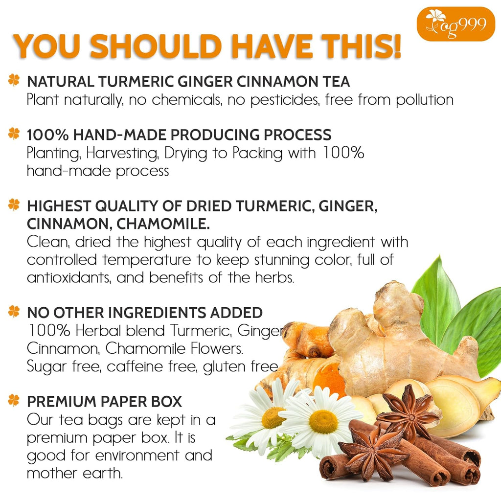 Premium Turmeric, Ginger, Cinnamon & Chamomile Flowers Tea | Improve Digestion, Support Brain, Weight, Skin and Sleep, Eco-Conscious Tea Bags | Tea | Wiccan Center
