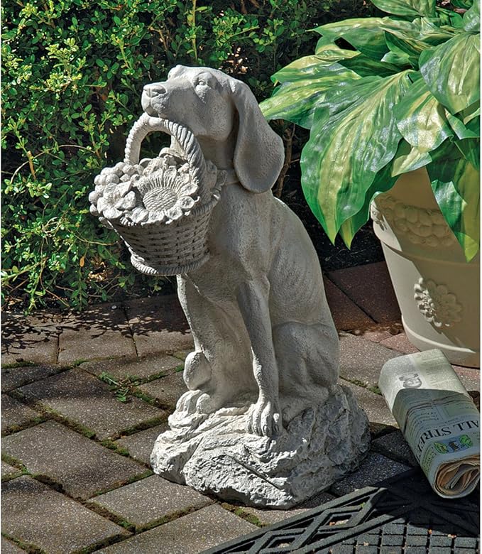 Design Toscano Man's Best Friend Dog with Basket Outdoor Garden Statue, 8 Inches Wide, 12 Inches Deep, 19 Inches High, Handcast Polyresin, Antique Stone Finish | Outdoor Statues | Wiccan Center