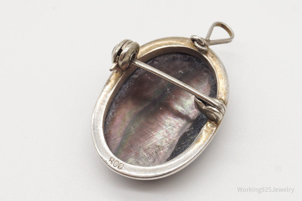 Antique Carved Abalone Shell Woman Cameo 800 Silver Pendant Brooch | Jewelry > Necklaces > Pendants | Wiccan Center