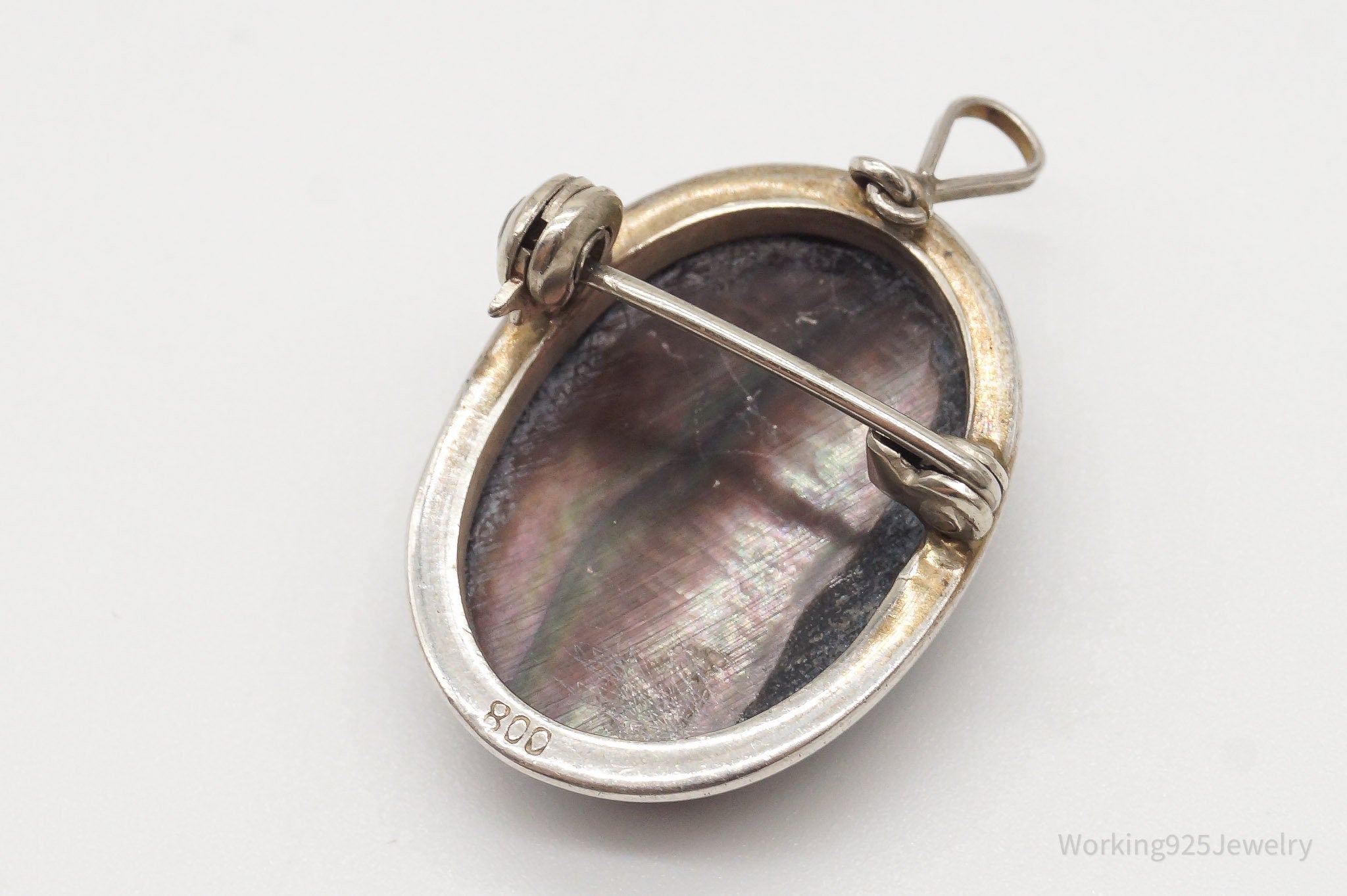 Antique Carved Abalone Shell Woman Cameo 800 Silver Pendant Brooch | Jewelry > Necklaces > Pendants | Wiccan Center
