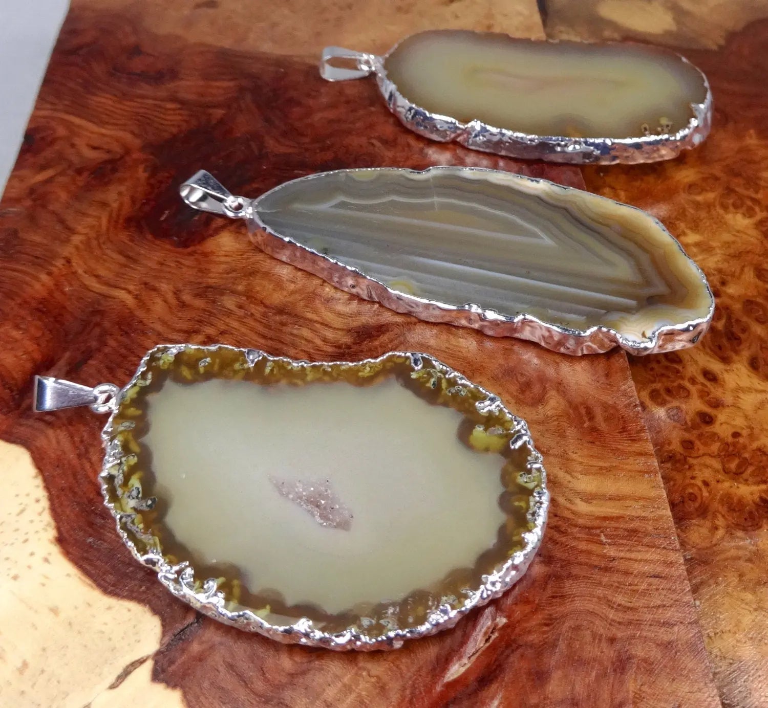 Brown Agate Slice Pendant (Silver Plated Edges) Polished Geode Jewelry | Retail Pendants | Wiccan Center
