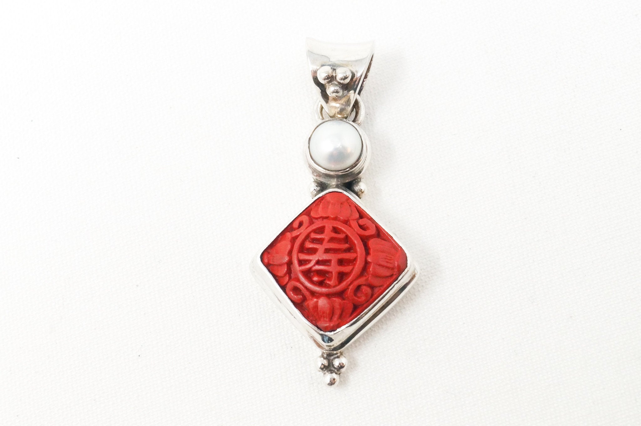 Vintage Chinese Carved Synthetic Coral Pearl Sterling Silver Necklace Pendant | Jewelry > Necklaces > Pendants | Wiccan Center