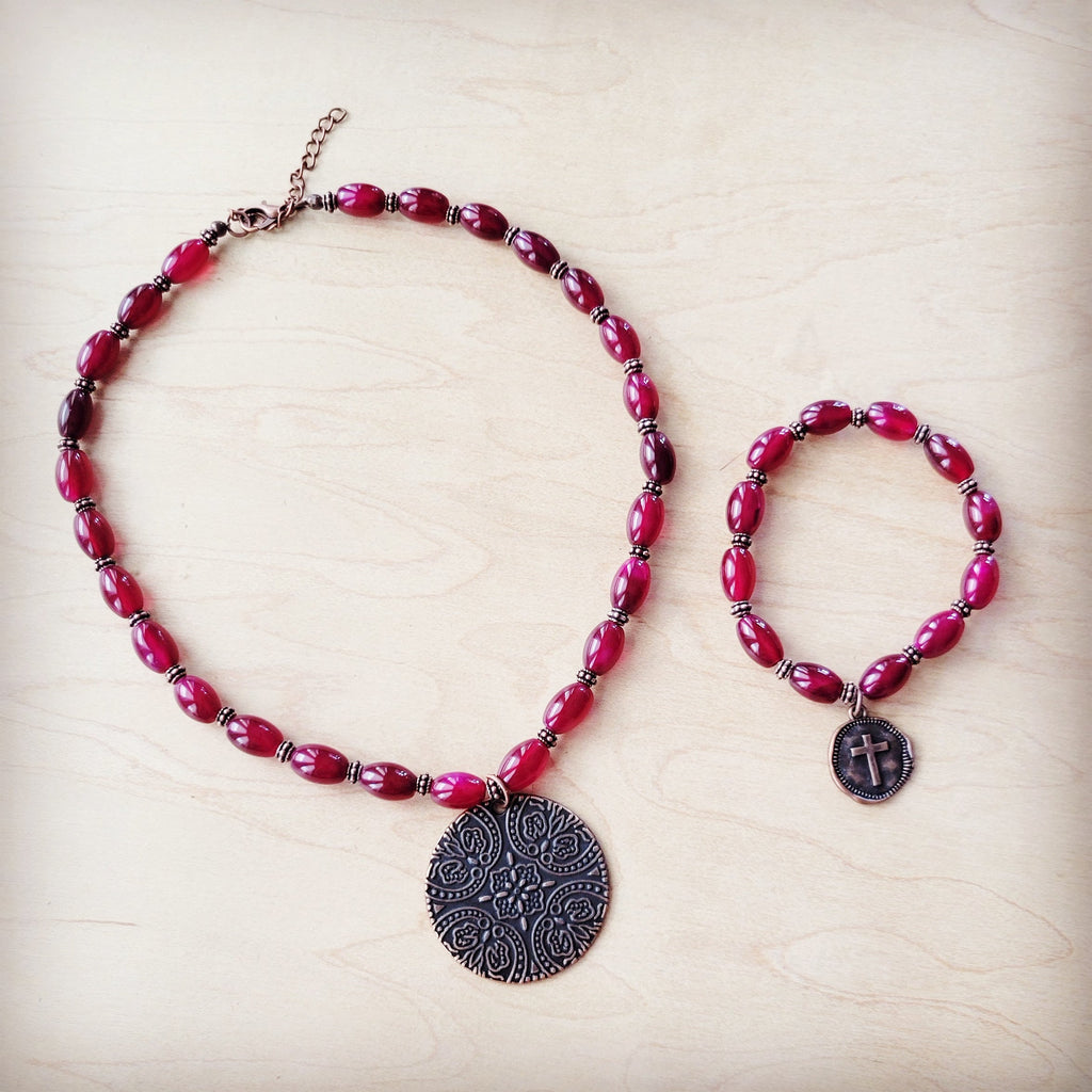 **Natural Pink Jade Beaded Collar Necklace w/ Scroll Pendant 261L | Necklace | Wiccan Center