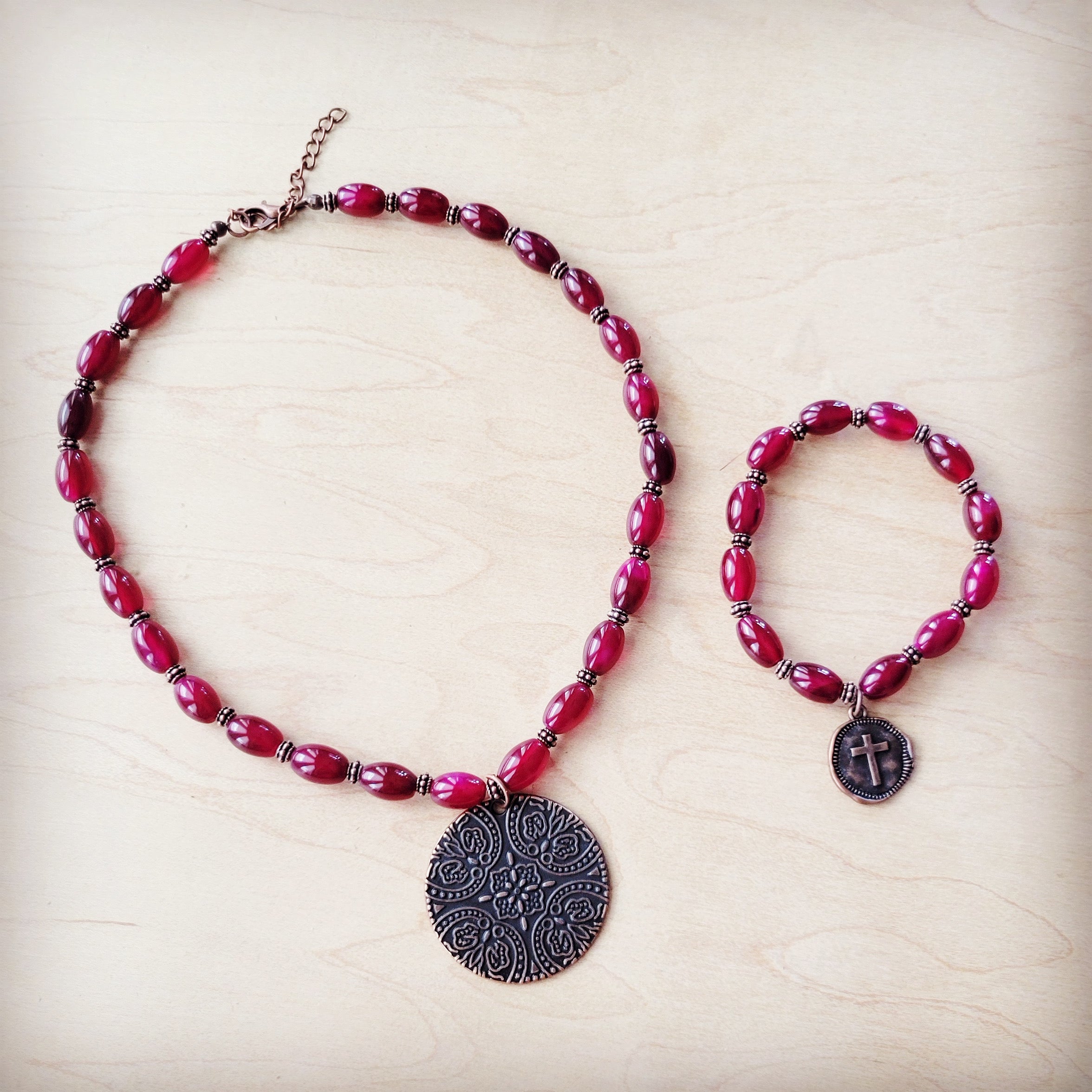 **Natural Pink Jade Beaded Collar Necklace w/ Scroll Pendant 261L | Necklace | Wiccan Center