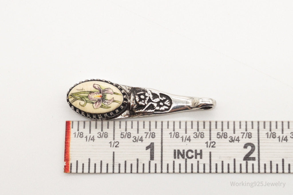 Antique Hand Painted Flower Faux Bone Sterling Silver Pendant | Jewelry > Necklaces > Pendants | Wiccan Center