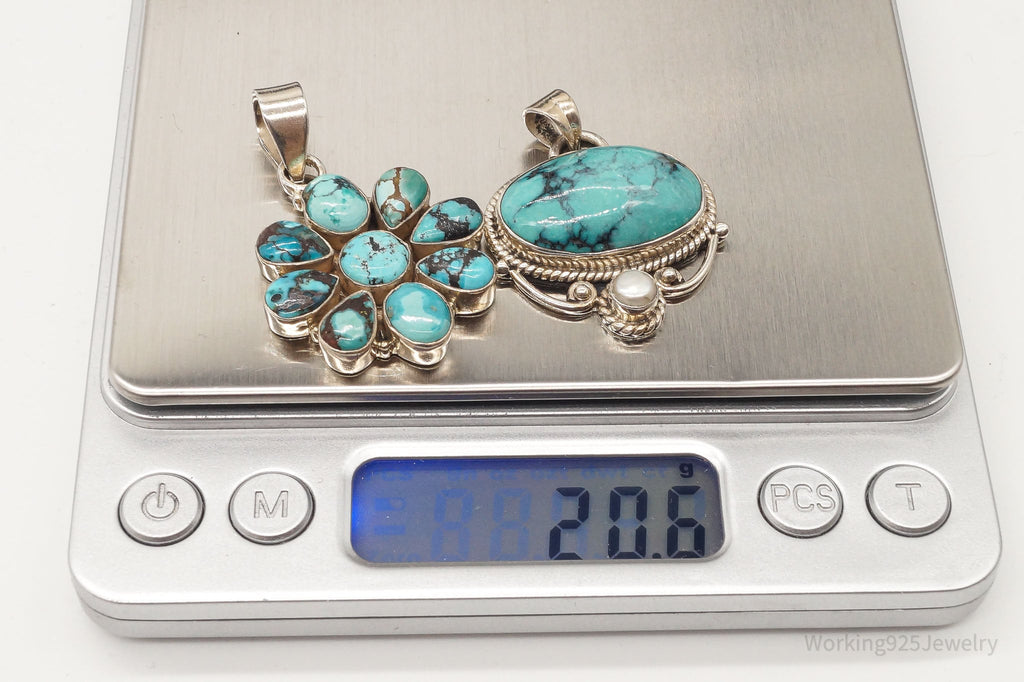 Vintage Turquoise Pearl Bali Style Sterling Silver Pendant Set | Jewelry > Necklaces > Pendants | Wiccan Center