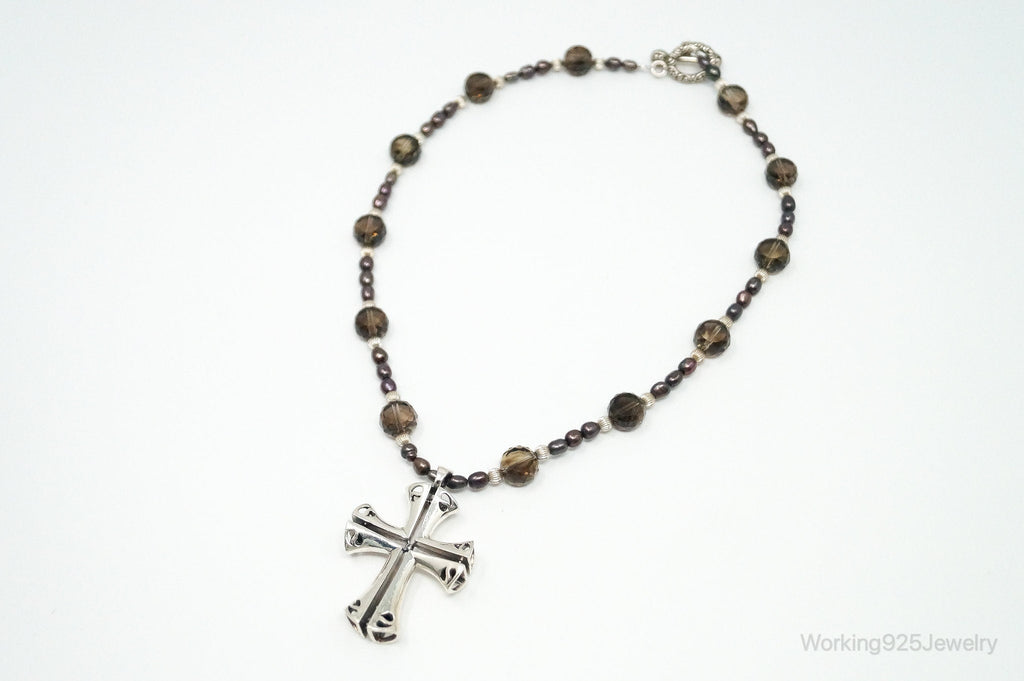 Designer Large Cross Smoky Topaz Pearl Sterling Silver Necklace | Jewelry > Necklaces > Pendants | Wiccan Center