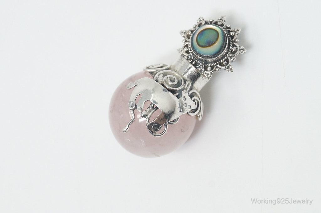 Vintage Rose Quartz Abalone Shell Bali Cat Sterling Silver Necklace Pendant | Jewelry > Necklaces > Pendants | Wiccan Center